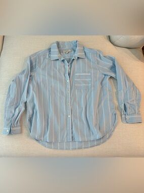 LOFT Blue and White Striped Collared Button Down Shirt M